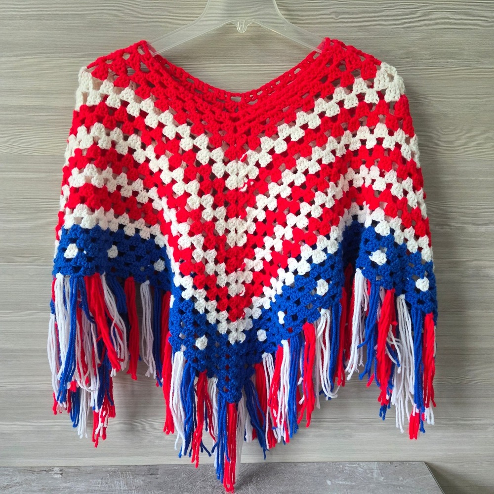 Boho Crochet Granny Square Cape Poncho Red White Blue Fringe Patriotic Retro OS